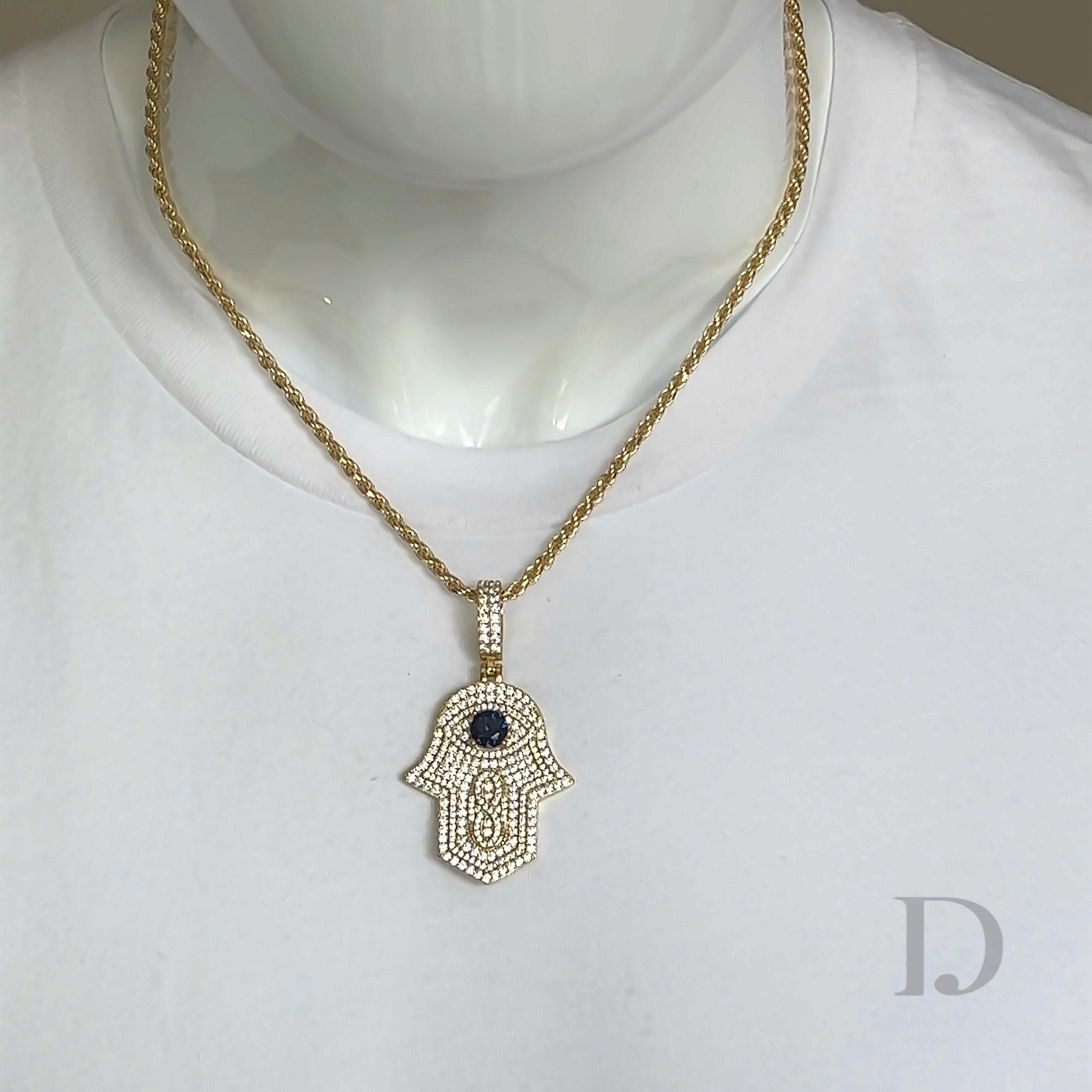 14K Gold 925 Sterling Silver Hamsa Hand Evil Eye Diamonds Iced Stones Religious Hand of Fatima Symbolic Symbol
