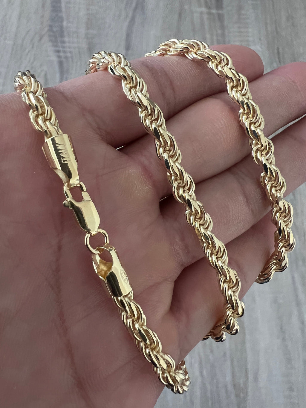 5mm Rope 14K Gold Vermeil Over Solid 925 Sterling Silver Chain Necklace  Diamond Cut Men Women