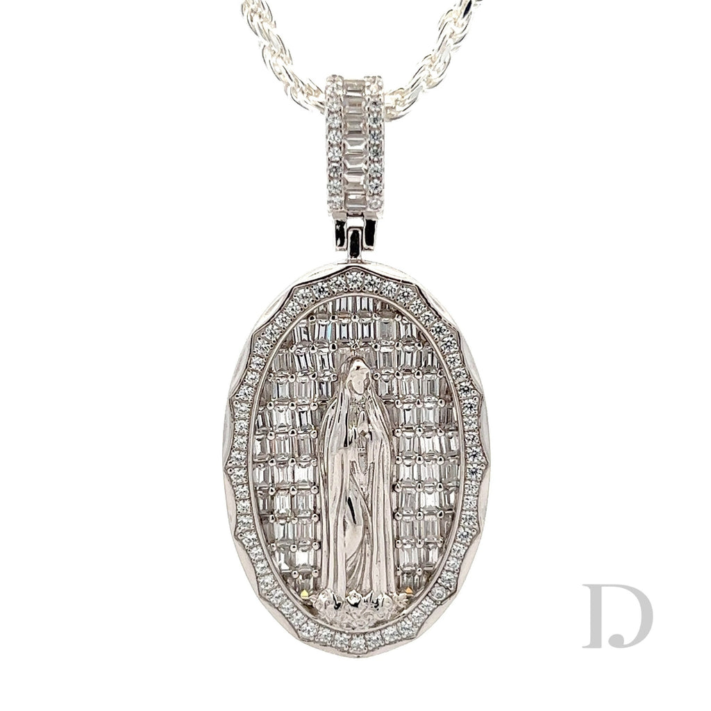 Real 925 Sterling Silver Virgin Mary Necklace Pendant Iced Diamond  Medallion Men