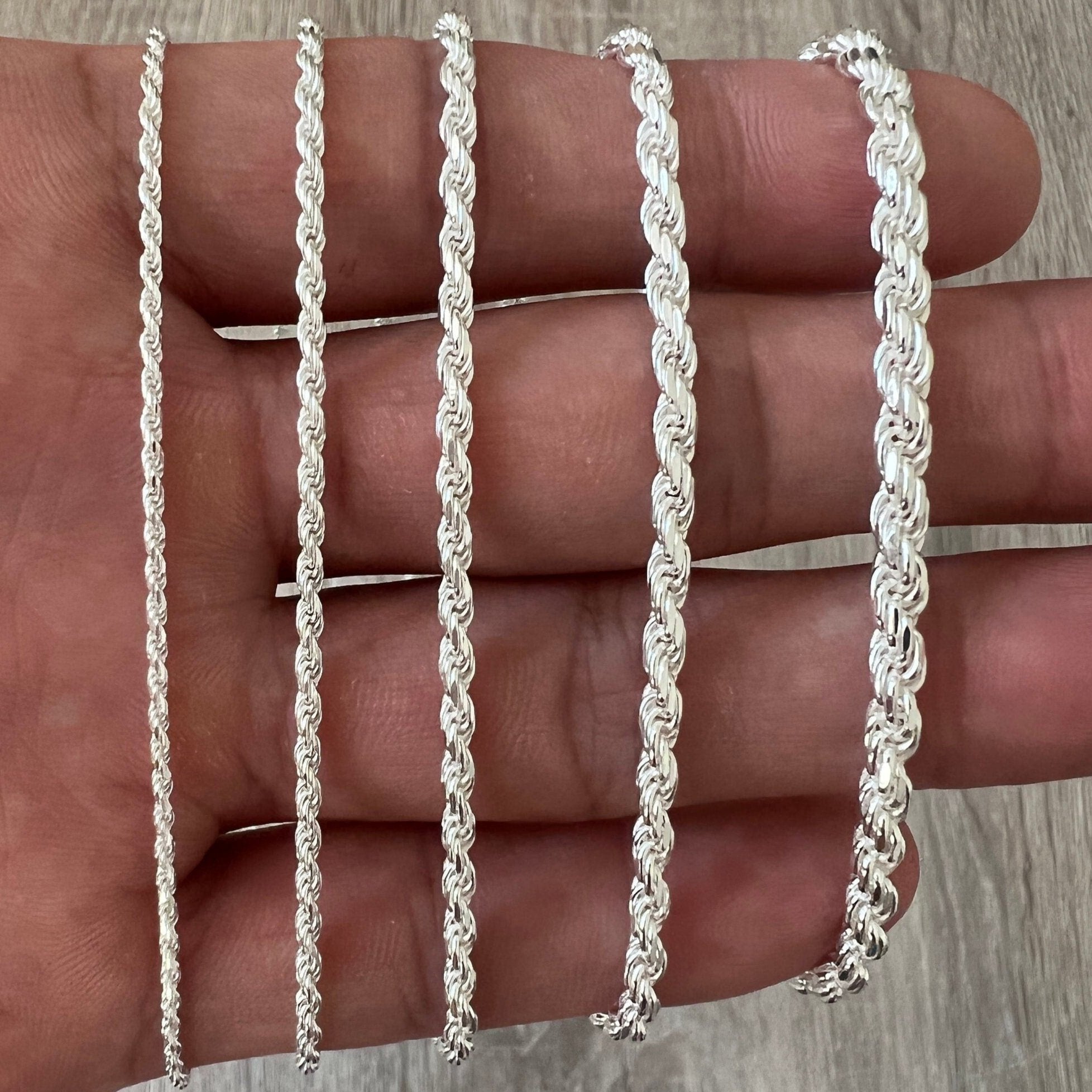 925 Rope Sterling Silver Solid Chain Necklace Diamond Cut High Polish for Men and Woman Unisex in 1.5mm 2mm 2.5mm 3mm 4mm