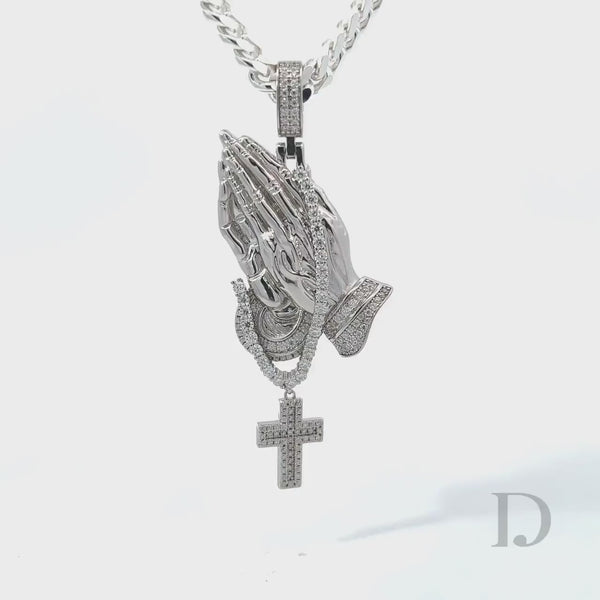 Moissanite Praying Hands Pendant in 925 Sterling Silver Iced Diamond GRA certified stones