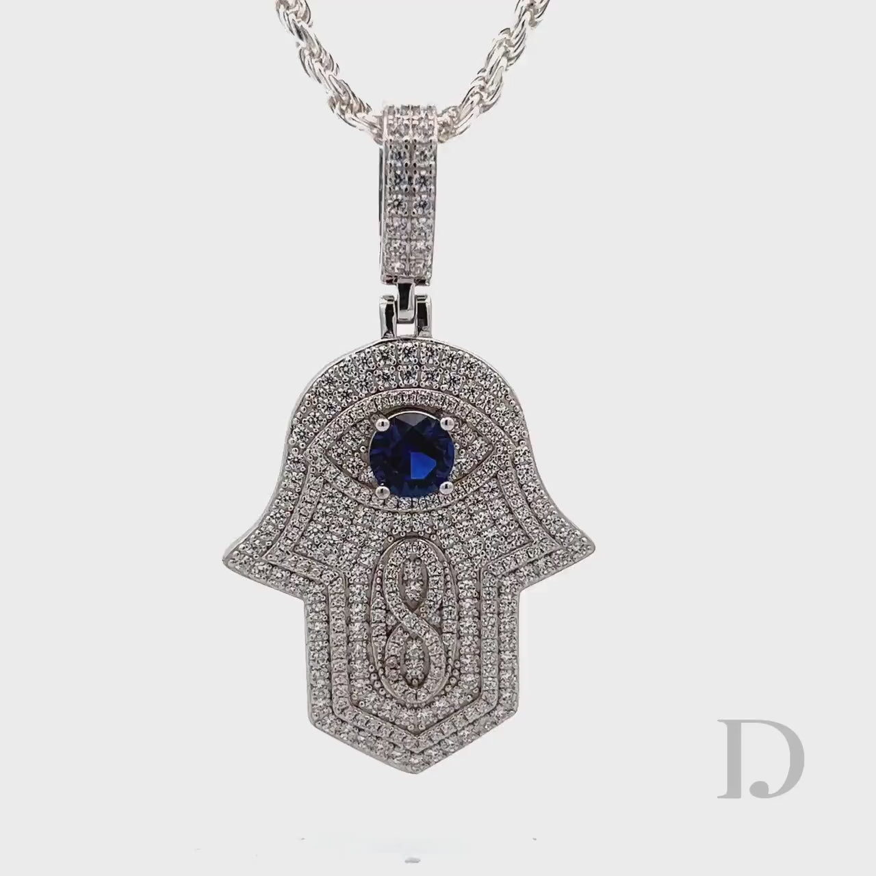 925 Sterling Silver Hamsa Hand Evil Eye Diamonds Iced Stones Religious Hand of Fatima Symbolic Symbol