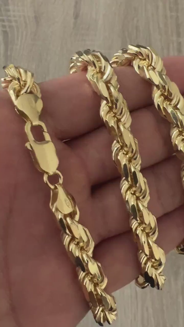 8mm Rope 14K Gold Vermeil Over Solid 925 Sterling Silver Chain Necklace Diamond Cut Men Women
