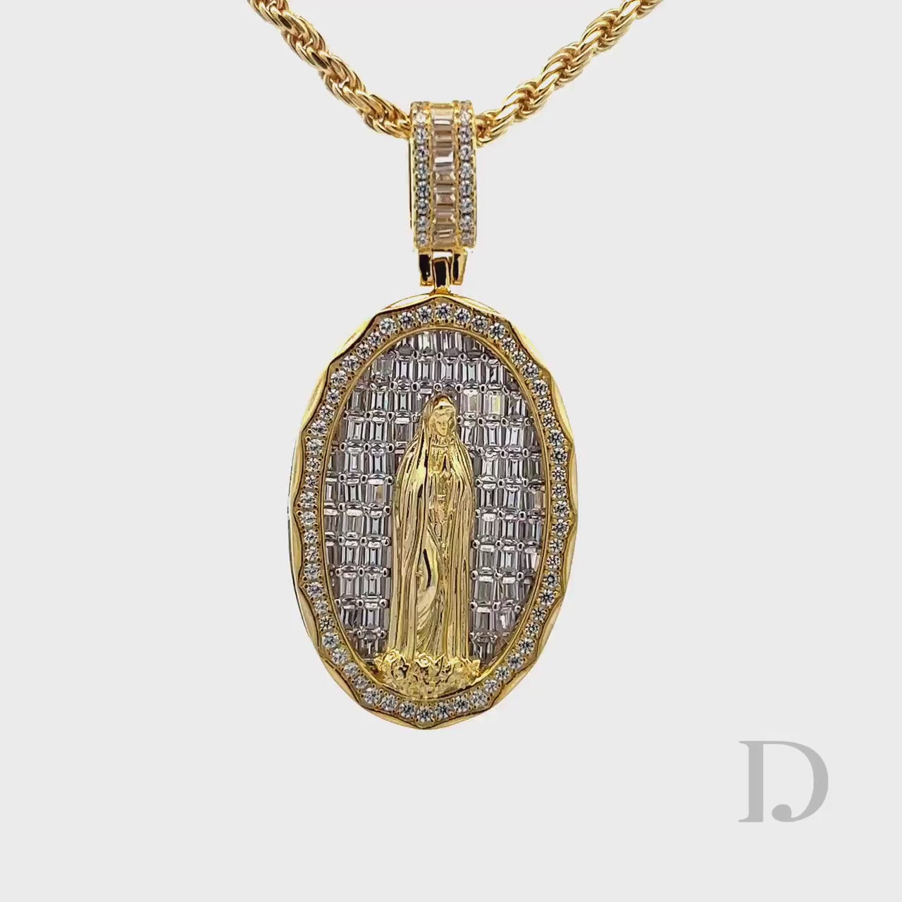14K Gold Diamond Diamond Virgin Mary 925 Sterling Silver Baguette Diamonds Iced Stones Religious Christian Catholic Medallion