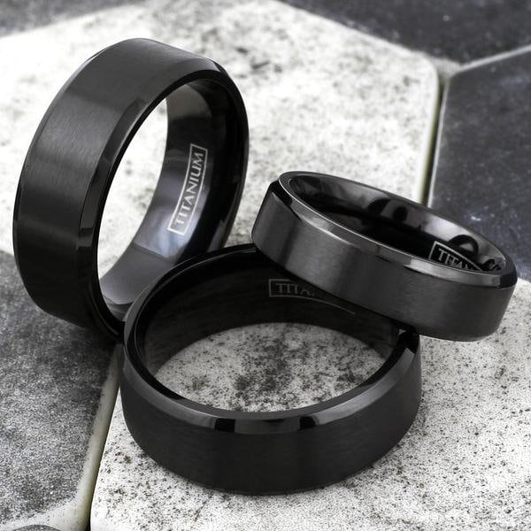 CUSTOM Classic Black Ion Plated Titanium Ring Satin Finish Center Band And Beveled Edges | Wedding Band Engagement Relationship Couple