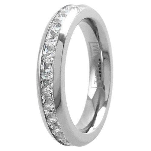 Stunning Mirror Polished Titanium Eternity Ring With Super Bright Princess Cut Couple | Wedding Band Engagement Relationship Couple