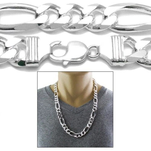 Solid 925 Silver Heavy Figaro Chain Necklace 14mm Thick Gauge 350 In 24", 30" no diamond cuban link chain rapper hip hop cool hypoallergenic