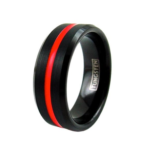 CUSTOM Stylish Two-tone Tungsten Ring With Recessed Red Enamel Stripe | Wedding Band Engagement Relationship Couple