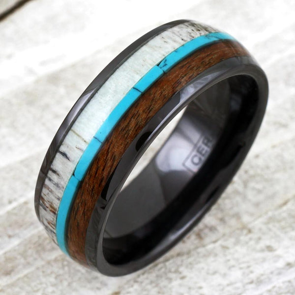 Tungsten Engraved Blue Brown Contemporary Black Ceramic Dome Ring w/ Beautiful Deer Antler, Turquoise, & Koa Wood Inlays