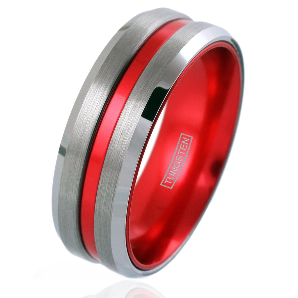 Tungsten Engraved Silver Red Cool Brushed Finish Ring Anodized