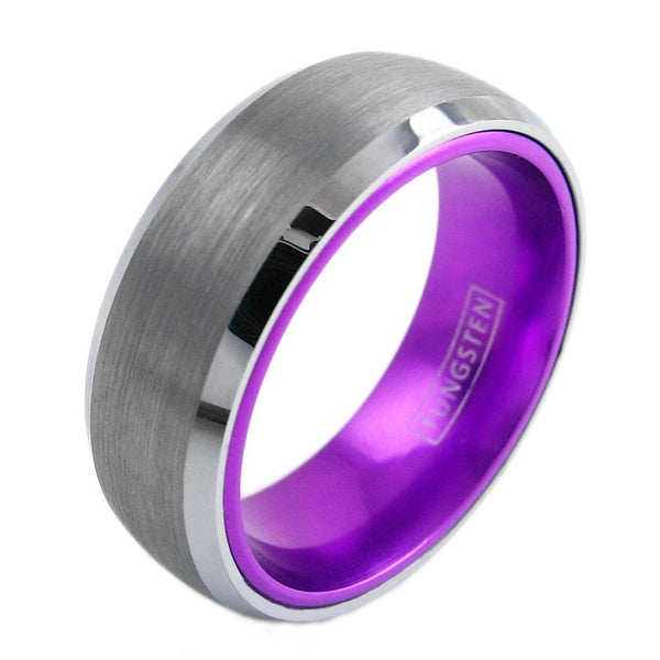 Tungsten Engraved Silver Purple Awesome Silver 6mm/8mm Tungsten Ring with Brushed Finish Band, Fabulous Purple Inner Band, and Beveled Edges