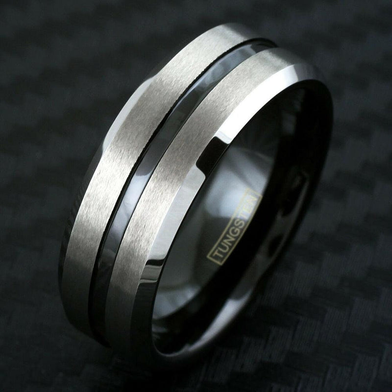 Tungsten Engraved Two Tone Ring Silver Black Recessed Stripe Band Enga –  Daniel Jeweler