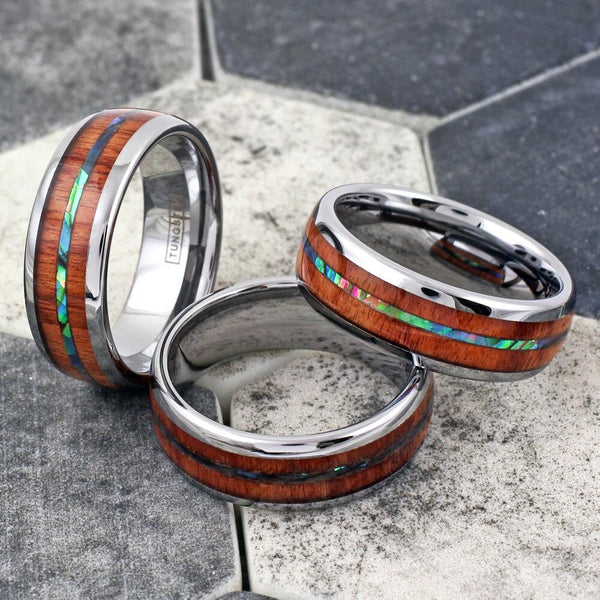 Silver Tungsten Personalized Ring Brilliant Abalone Shell Inlay Between Sandalwood Inlays Couples Promise Marriage Wedding Engagement Band