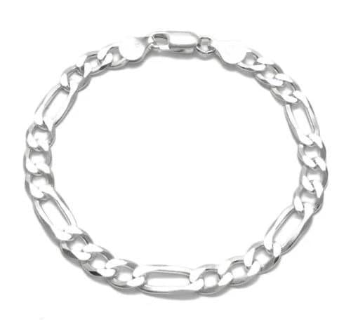 Stylish Sterling Silver Figaro Chain Bracelet in 7mm (Gauge 180) width. Available in 8" and 9" Lengths Handcrafted 925 Link