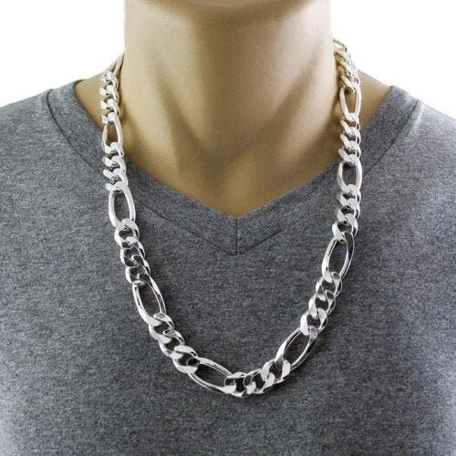 Solid 925 Silver Heavy Figaro Chain Necklace 14mm Thick Gauge 350 In 24", 30" no diamond cuban link chain rapper hip hop cool hypoallergenic