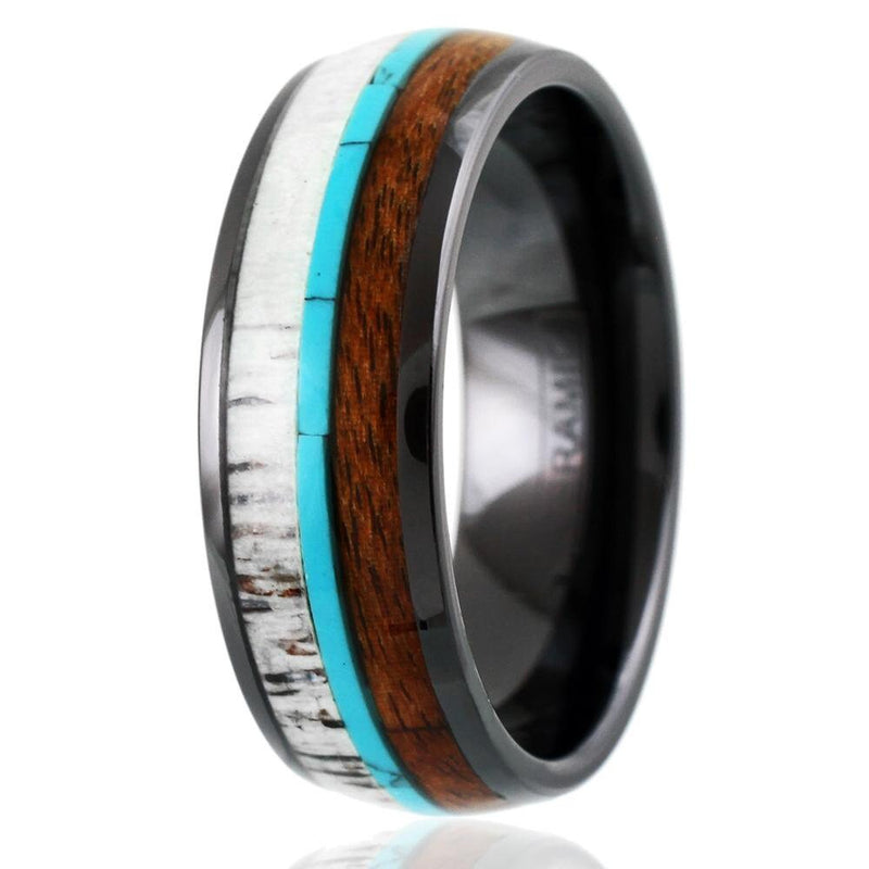 Tungsten Engraved Blue Brown Contemporary Black Ceramic Dome Ring w/ Beautiful Deer Antler, Turquoise, & Koa Wood Inlays