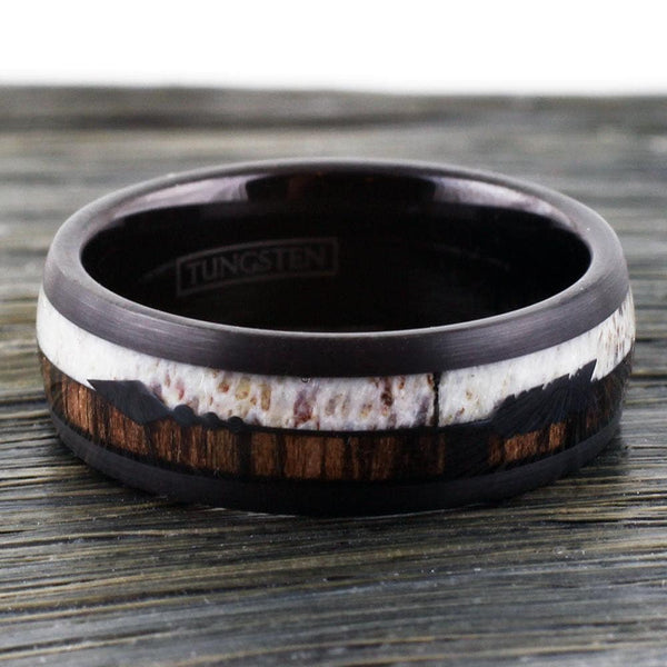 Tungsten Engraved Black Brown Magnificent 8mm Black Tungsten Dome Ring w/ Deer Antler & Koa Wood Inlays with Black Feathered Arrow