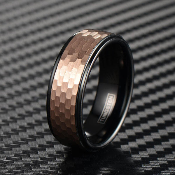 Tungsten Engraved Black Copper 8MM Gorgeous 2-Tone Polished Black Tungsten Ring with Rose Gold Honeycomb Pattern Center Band
