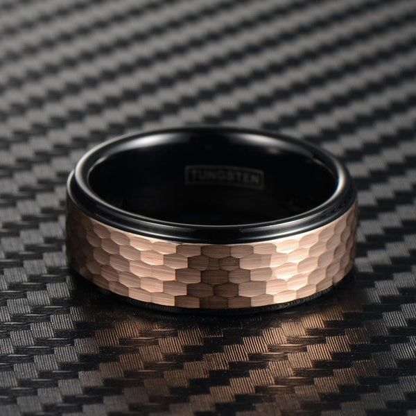 Tungsten Engraved Black Copper 8MM Gorgeous 2-Tone Polished Black Tungsten Ring with Rose Gold Honeycomb Pattern Center Band