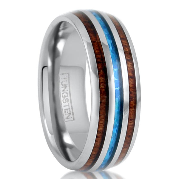 Tungsten Engraved Silver Blue Elegant Mirror Polished Tungsten Dome Ring w/ Lovely Man-made Opal Inlay Between 2 Koa Wood Inlays