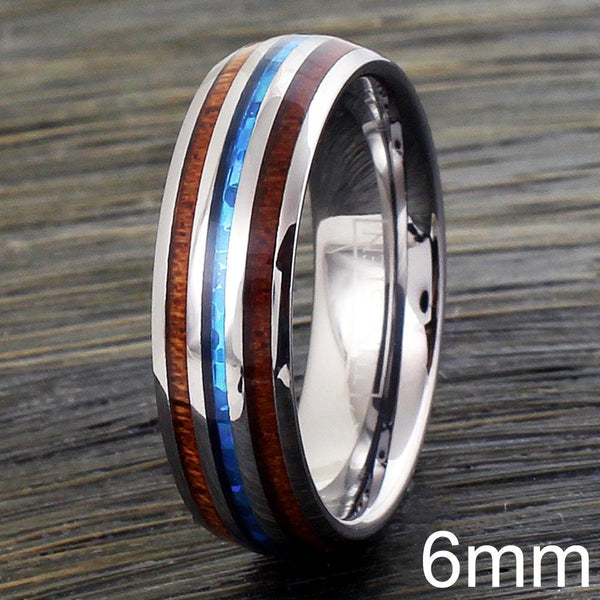 Tungsten Engraved Silver Blue Elegant Mirror Polished Tungsten Dome Ring w/ Lovely Man-made Opal Inlay Between 2 Koa Wood Inlays