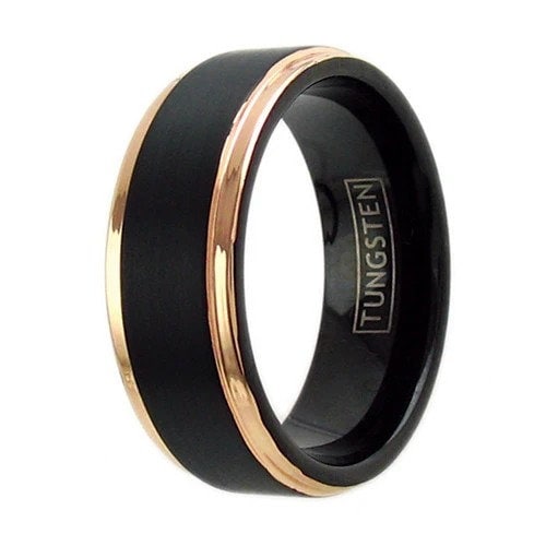 Tungsten Engraved Black Gold 6mm & 8mm Two-Tone Black and Rose Gold Tungsten Ring w/ Ridged Edge Detail Couple Ring