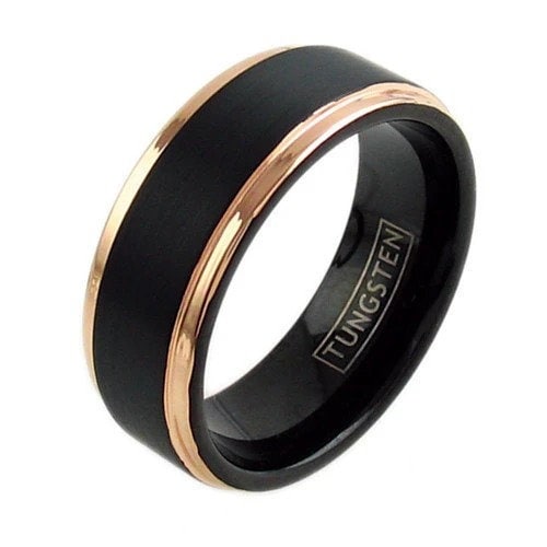 Tungsten Engraved Black Gold 6mm & 8mm Two-Tone Black and Rose Gold Tungsten Ring w/ Ridged Edge Detail Couple Ring
