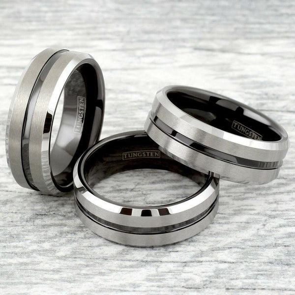 Tungsten Engraved Two Tone Ring Silver Black Recessed Stripe Band Engagement Promise Wedding Mens Gift
