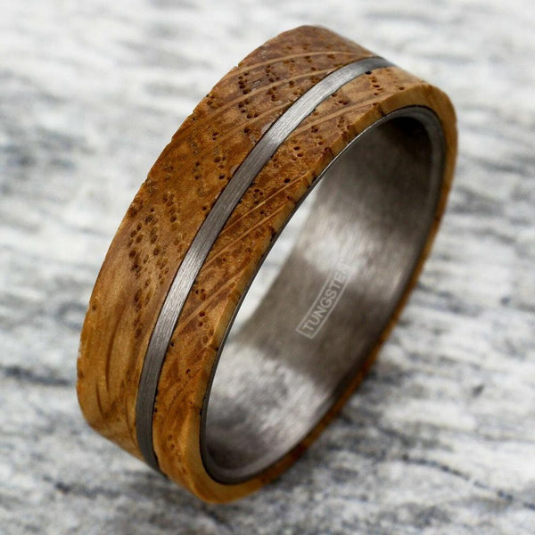 Whiskey Barrel Oak Wood Tungsten Personalized Ring Brushed