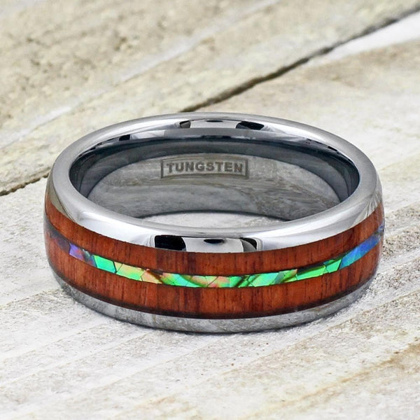 Silver Tungsten Personalized Ring Brilliant Abalone Shell Inlay Between Sandalwood Inlays Couples Promise Marriage Wedding Engagement Band