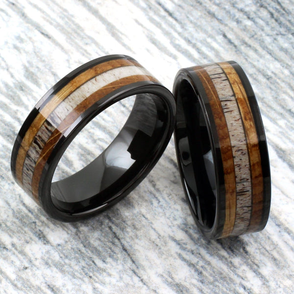 Whiskey Barrel Ring Deer Antler Wood Ring Tungsten Ring Custom Ring Wedding Ring Engagement Ring Engraved Ring
