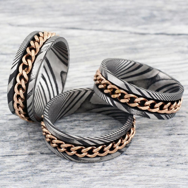 Cuban Rose Gold Antiqued Black and Silver Damascus Steel Band Ring with Awesome Cuban Link Chain Ring Band Wedding Engagement Promise