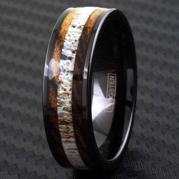 Tiger Stripe Bocote Wood Ring Deer Antler Wood Ring Tungsten Ring Custom Ring Wedding Ring Engagement Ring Engraved Ring Whiskey Oak Koa