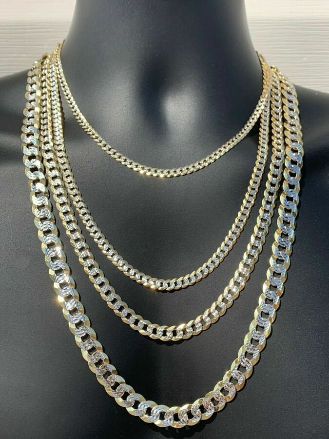 14K Two Tone Gold DIamond Cut Cuban Flat Curb in 925 Sterling Silver Chain Necklace High Polished Finish 4mm 6mm 8mm 20" 22' 24" 30"