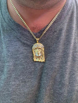 14K Yellow Gold Over 925 Sterling Silver Filled with Diamonds Jesus Piece Pendant Rope Chain in Small Medium Large