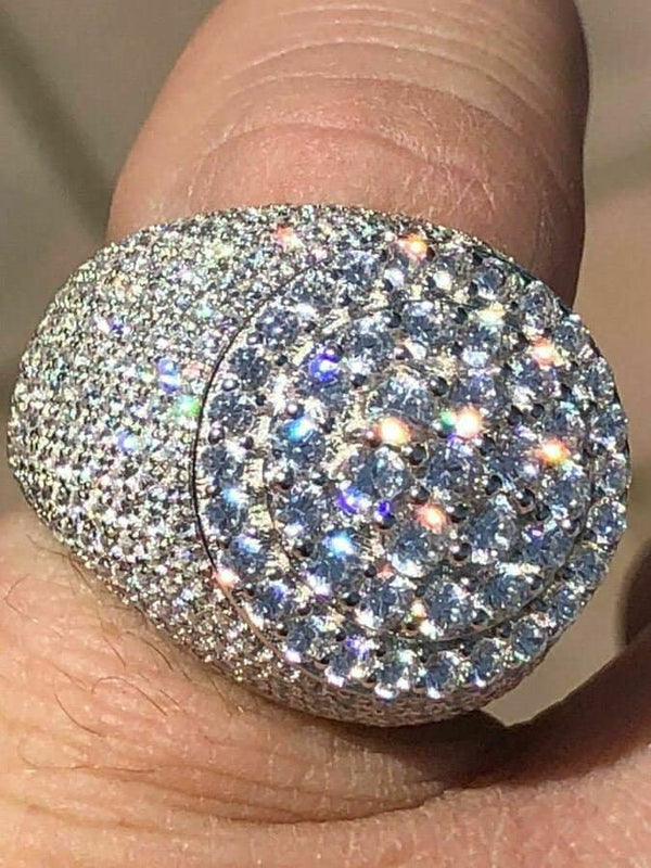 Solid 925 10ct CZ Cubic Zirconia Silver Large Round Ring Pinky Ring Diamond Stimulant Iced Out Icey Icy Band moissanite