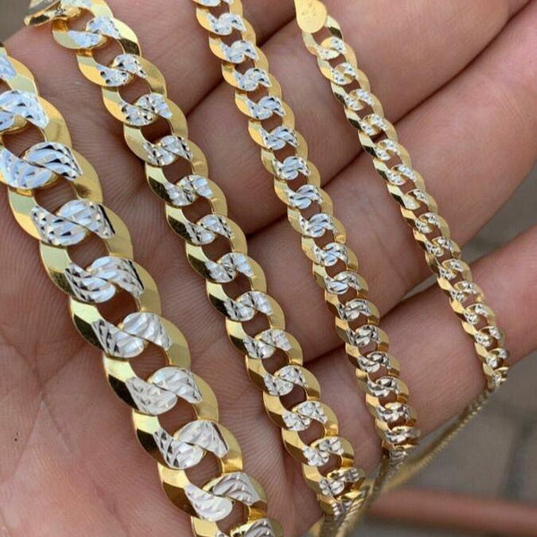 14K Two Tone Gold DIamond Cut Cuban Flat Curb in 925 Sterling Silver Chain Necklace High Polished Finish 4mm 6mm 8mm 20" 22' 24" 30"