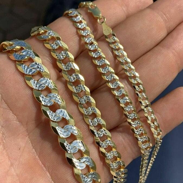 14K Two Tone Gold DIamond Cut Cuban Flat Curb in 925 Sterling Silver Chain Necklace High Polished Finish 4mm 6mm 8mm 20" 22' 24" 30"