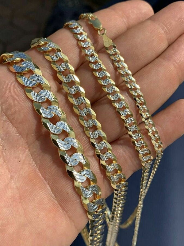 14K Two Tone Gold DIamond Cut Cuban Flat Curb in 925 Sterling Silver Chain Necklace High Polished Finish 4mm 6mm 8mm 20" 22' 24" 30"