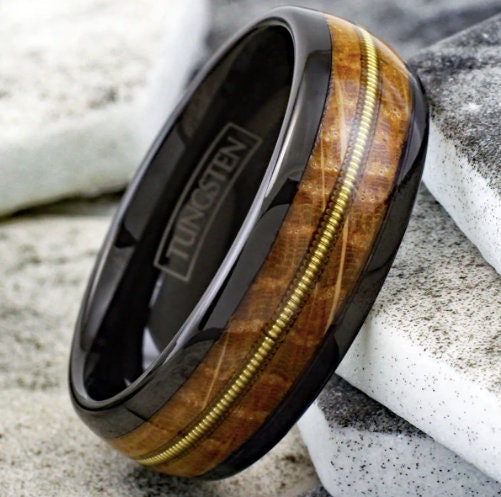 Whiskey Barrel Oak Ring Low Dome Black Tungsten Ring Custom Ring Wedding Ring Engagement Ring Engraved Ring