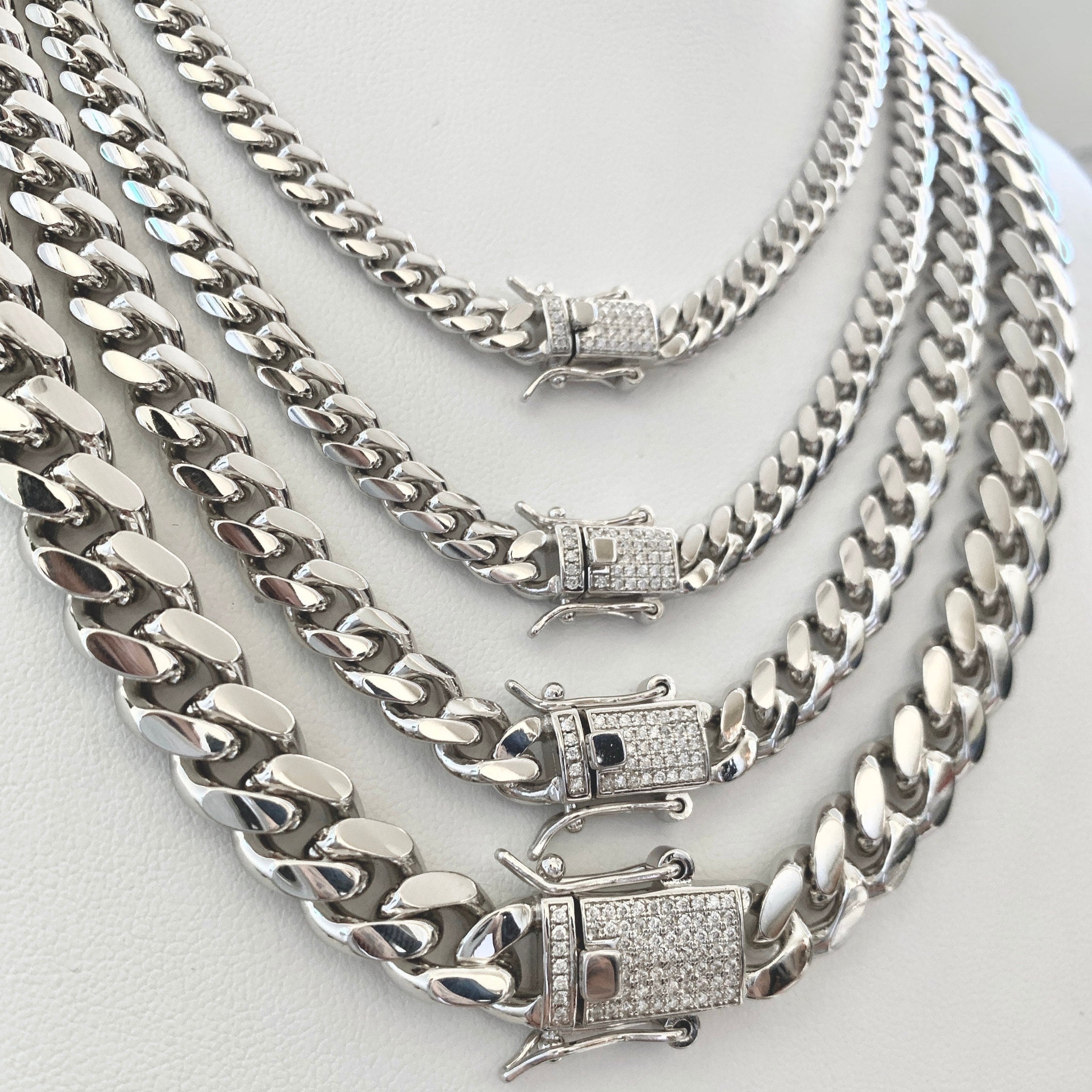 Solid 925 Sterling Silver Miami Cuban MOISSANITE Diamond Stones Chain Necklace Box Lock Clasp Pass Tester Italy 5mm 6mm 8mm 10mm 12mm