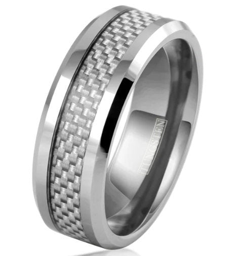 Beautiful Polished Silver Tungsten Ring with Dazzling White Graphite Carbon Inlay. For Men and Women. Couple Wedding Engagement
