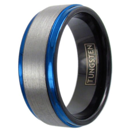 Beautiful Black Three Tone Tungsten Ring with Silver Satin Band and Cobalt Blue Stepped Edges Wedding Engagement Couples Ring