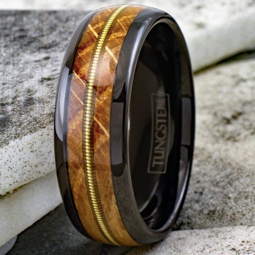 Whiskey Barrel Oak Ring Low Dome Black Tungsten Ring Custom Ring Wedding Ring Engagement Ring Engraved Ring