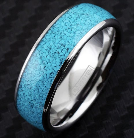 Silver Tungsten Ring with Charmingly Crushed Turquoise Inlay