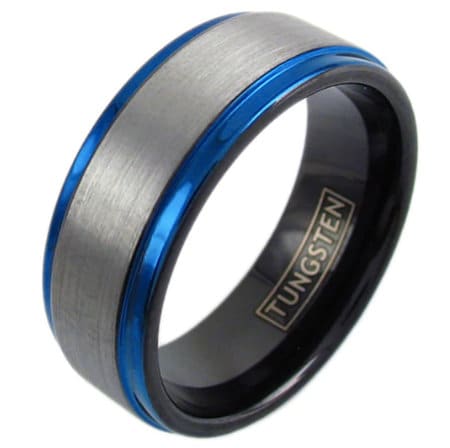 Beautiful Black Three Tone Tungsten Ring with Silver Satin Band and Cobalt Blue Stepped Edges Wedding Engagement Couples Ring
