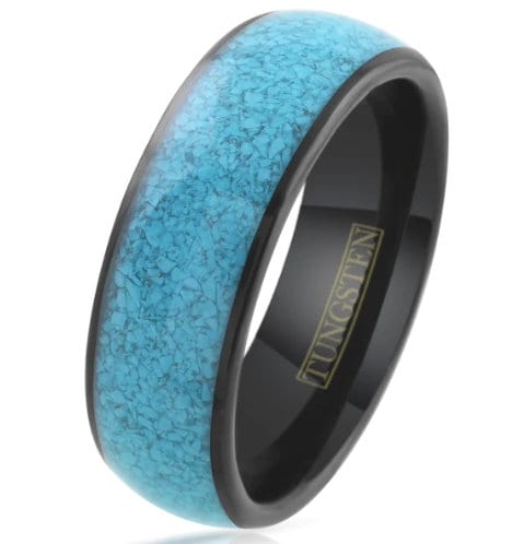 Black Tungsten Ring with Charmingly Crushed Turquoise Inlay