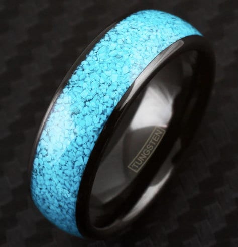 Black Tungsten Ring with Charmingly Crushed Turquoise Inlay