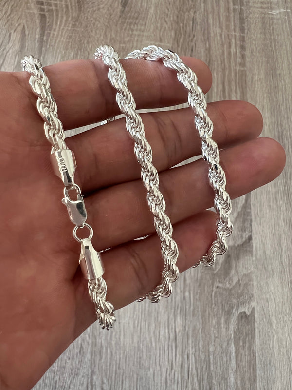 5mm 925 Rope Diamond Cut Chain Solid Sterling Silver Real Men Women Unisex Bracelet in 7" 8" 16" 18" 20" 22" 24" 26" 30" Non Tarnish Italian