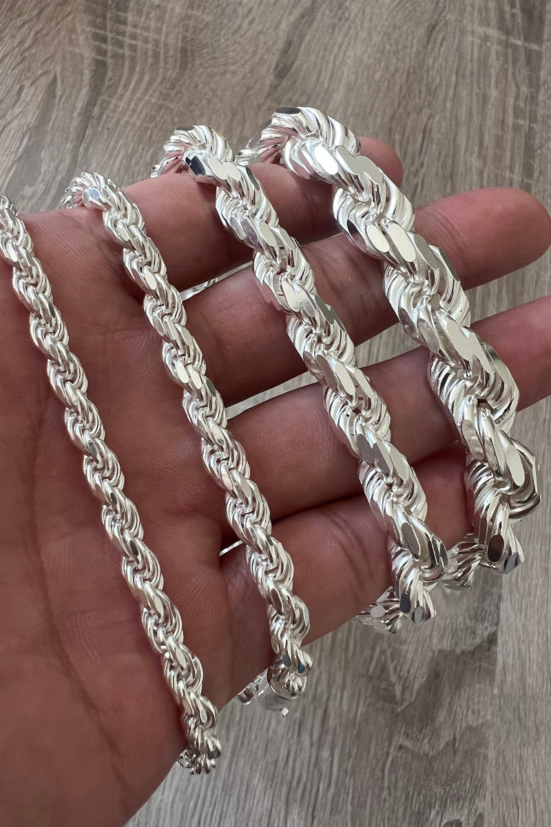 925 Rope Sterling Silver Solid Bracelet Necklace Diamond Cut High Polish for Men and Woman Unisex in 5mm 6mm 8mm 11mm Italian